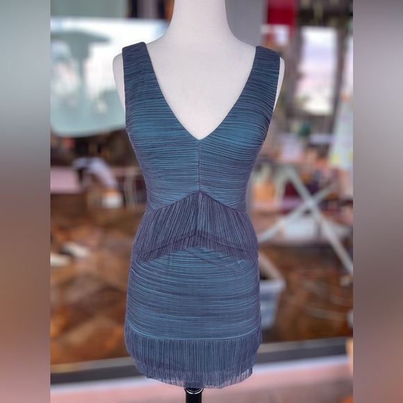BCBGMaxAzria Dresses & Skirts - BCBG MAXAZRIA ~ Beautiful Sheer Navy over Green “Sven” Mini Dress ~ Size XS